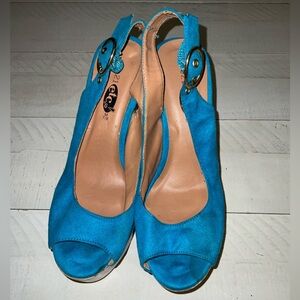 Rue 21 women’s y2k Blue Peep-Toe Slingback wedge Heels size 7/8